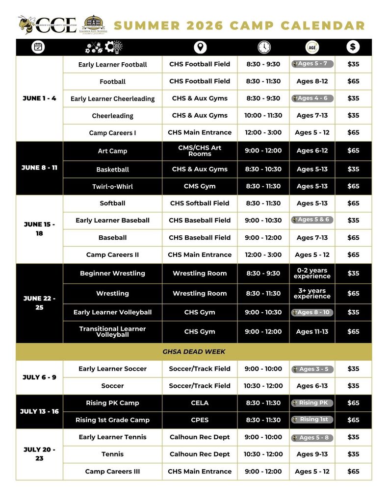 CCE Summer Camp Schedule 2026