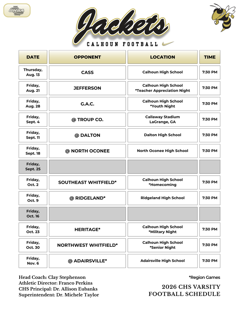 2026 CHS Varsity Football Schedule