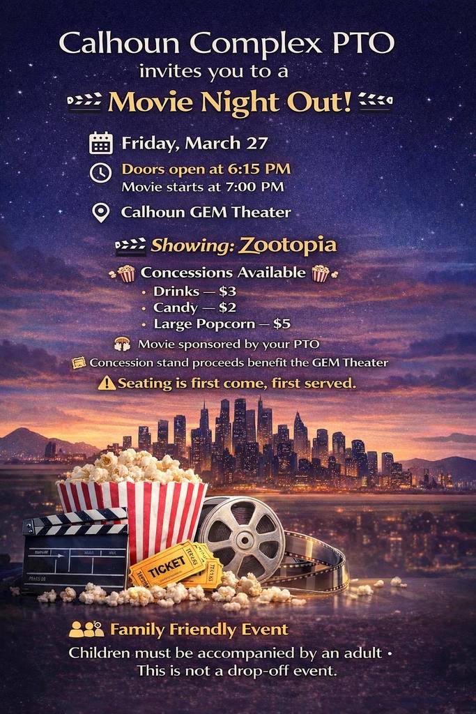 CPES Complex - PTO invites you to a FREE Movie Night Out @ the Gem Theater (Friday, March 27). Concessions available. Showtime 7:00PM; doors open 6:15PM