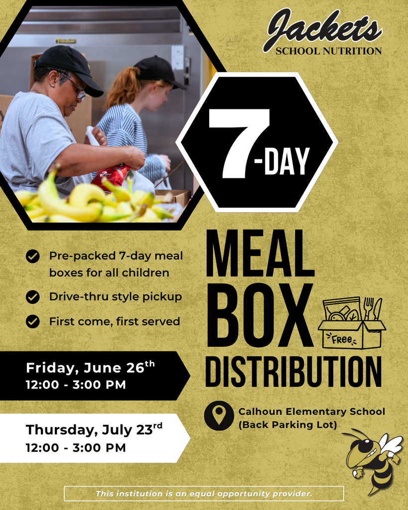 Reminder: 7-Day Meal Box Distribution This Friday! Calhoun City Schools will distribute FREE pre-packed 7-day meal boxes for children on Friday, June 26, from 12:00–3:00 PM at the Calhoun Elementary School back parking lot.