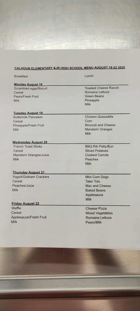 Lunch Menu CEJHS