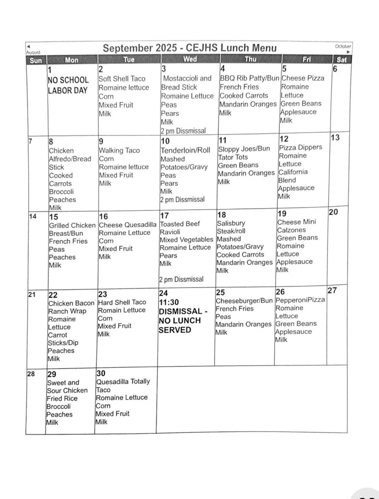 September CEJHS Lunch Menu