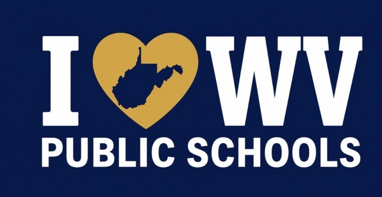 image that says I love (heart) WV public schools on a blue background with a yellow heart standing in for the word “love"