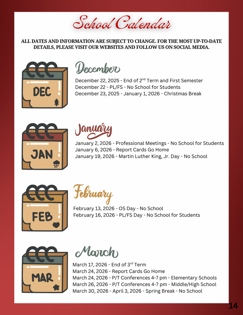 School Calendar for December 2025-March 2026