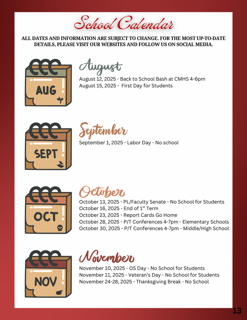 School Calendar for August - November 2025