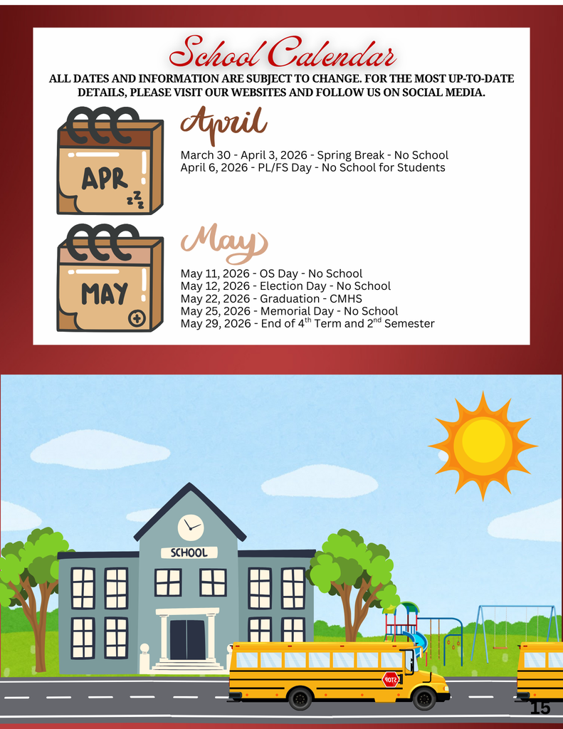 School Calendar for April - May 2026
