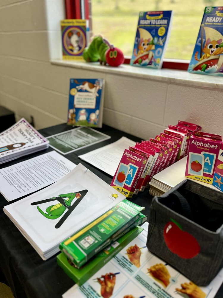 School materials like flashcards, pencils, books, and alphabet cards