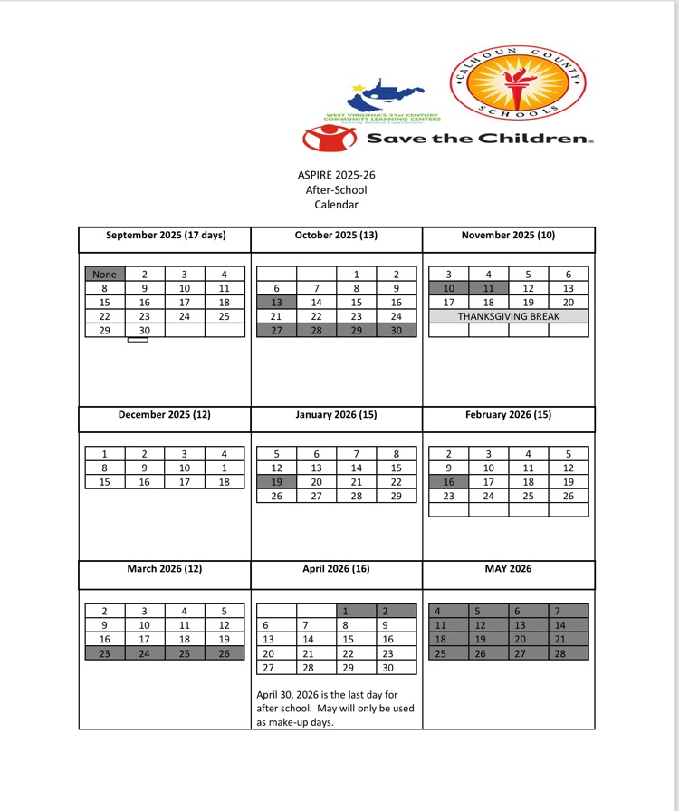 calendar of afterschool dates