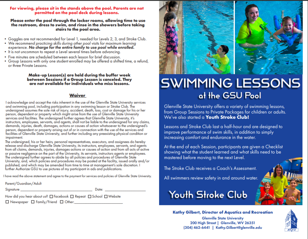 Swimming Lessons at the GSU Pool Registration Form Page 1