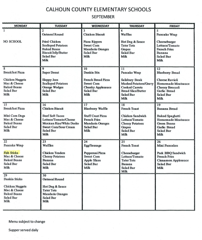 September Lunch Menu