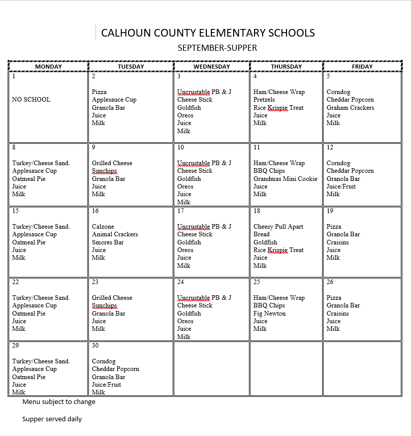 September Lunch Menu