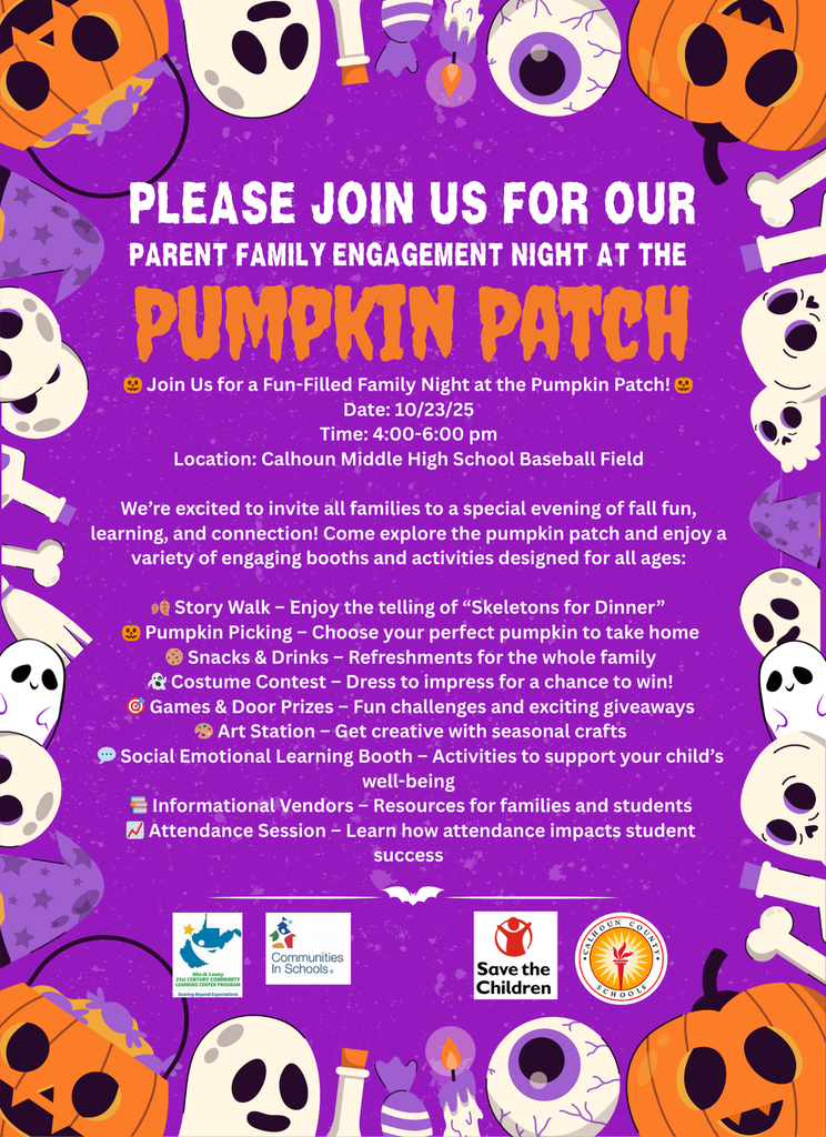 Pumpkin Patch family engagement event on October 23rd 2025 at CMHS from 4-6pm