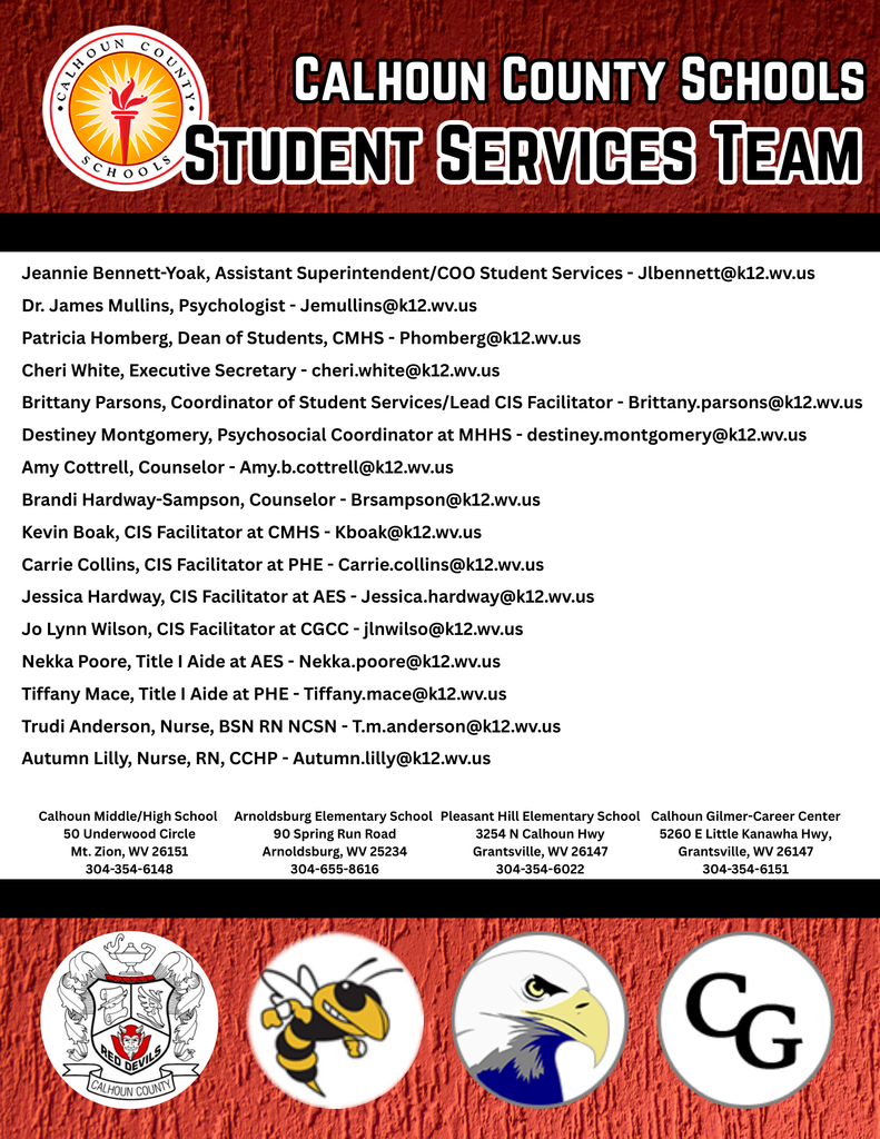 Flyer depicting all the contact information for the Calhoun County Schools Student Services Team
