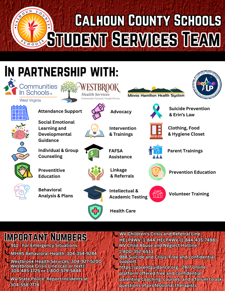 Flyer depicting all the services offered by Calhoun County School Student Services Team