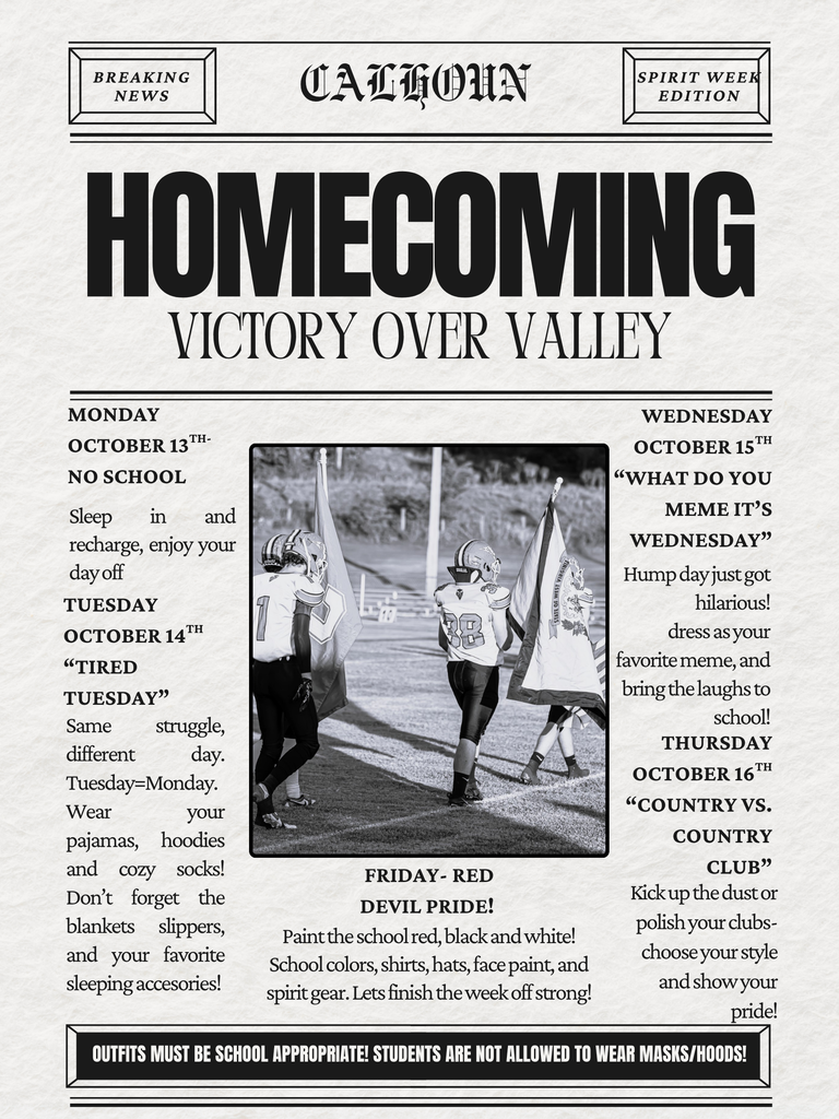 Spirit week flyer depicting the dress up dates for each day of the week. 