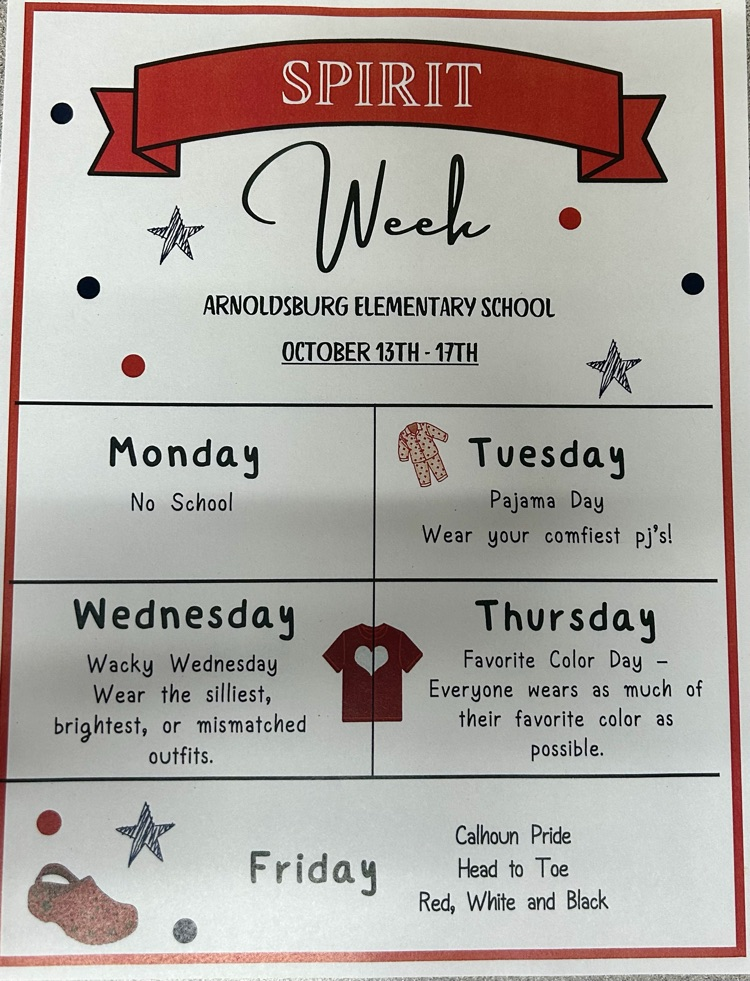A flyer with red, white, and black theme featuring daily spirit week activities for Arnoldsburg Elementary School, dated October 13–17.