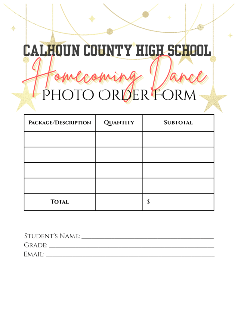 "Calhoun County High School Homecoming Dance Social Media Release Form. Sections include: Student Information (name, grade, parent/guardian name, email), Photo Release Consent with Yes or No checkboxes, and Signature Section for student and parent/guardian. Event details: October 18, 2025, at Calhoun County High School. Contact email: perspektivlens@gmail.com."
