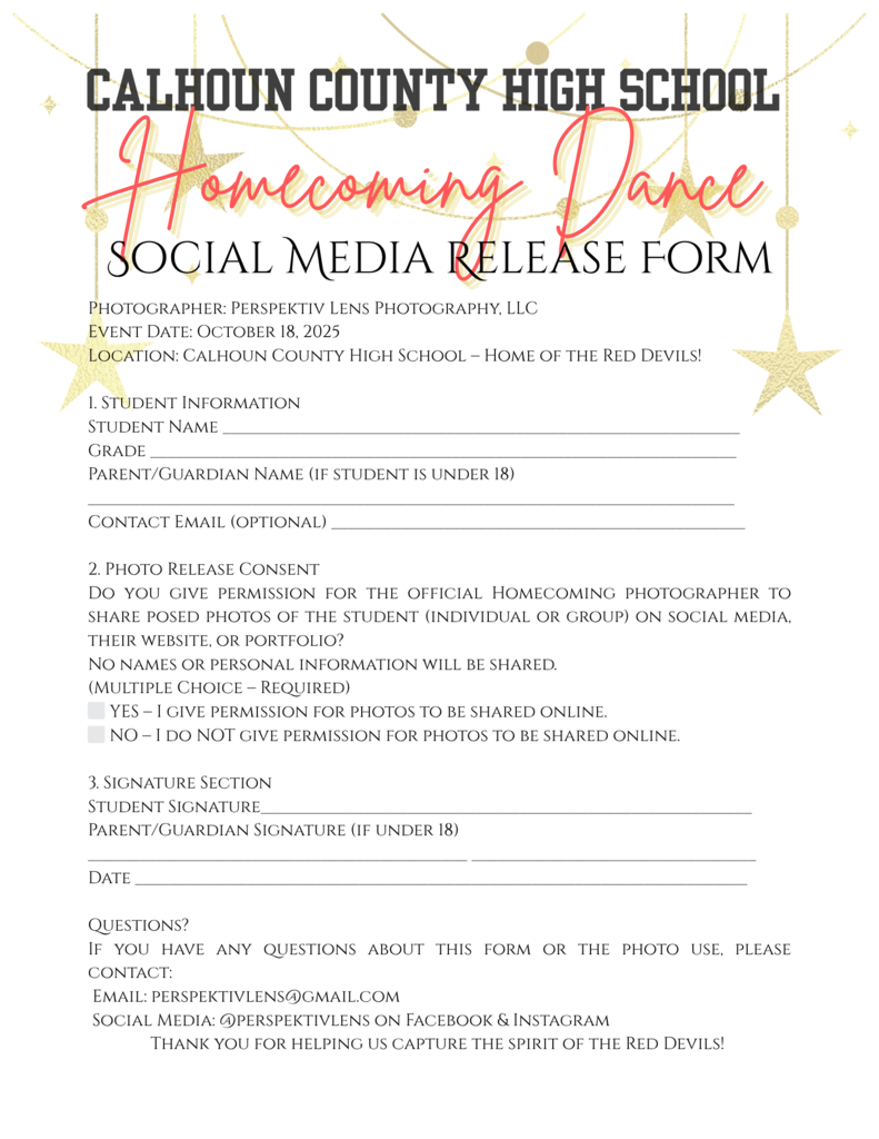 "Calhoun County High School Homecoming Dance Photo Packages. Package 1: $10 (2-4x6 prints). Package 2: $20 (2-4x6, 2-5x7, 1-8x10 prints). Package 3: $30 (2-3.5x5, 2-4x6, 2-5x7, 1-8x10, 4-wallet prints). Digital Photobooth: $25 for up to 10 poses and digital gallery link. À la carte options: prints from $5 to $12. Optional digital gallery upgrade: $5."