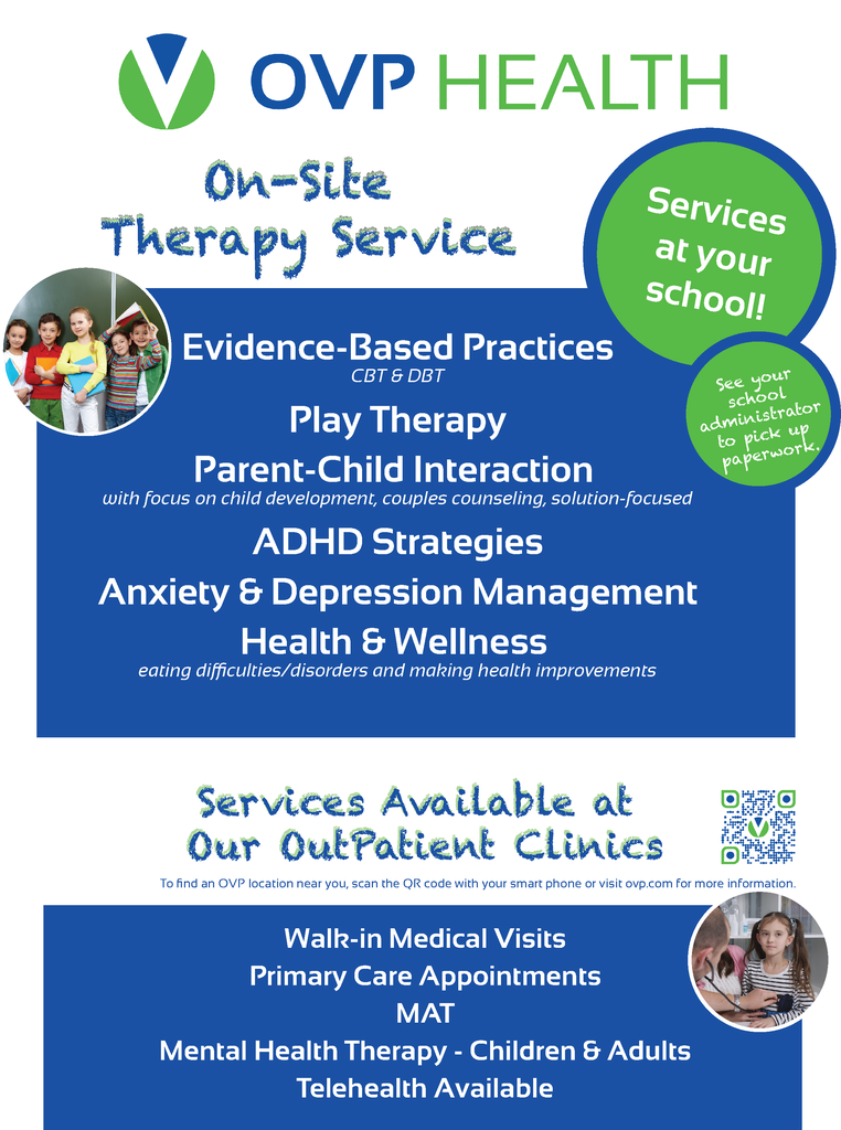 A blue and green informational flyer promoting OVP Health’s on‑site school therapy services, listing mental health and wellness supports, outpatient clinic services, and telehealth availability.