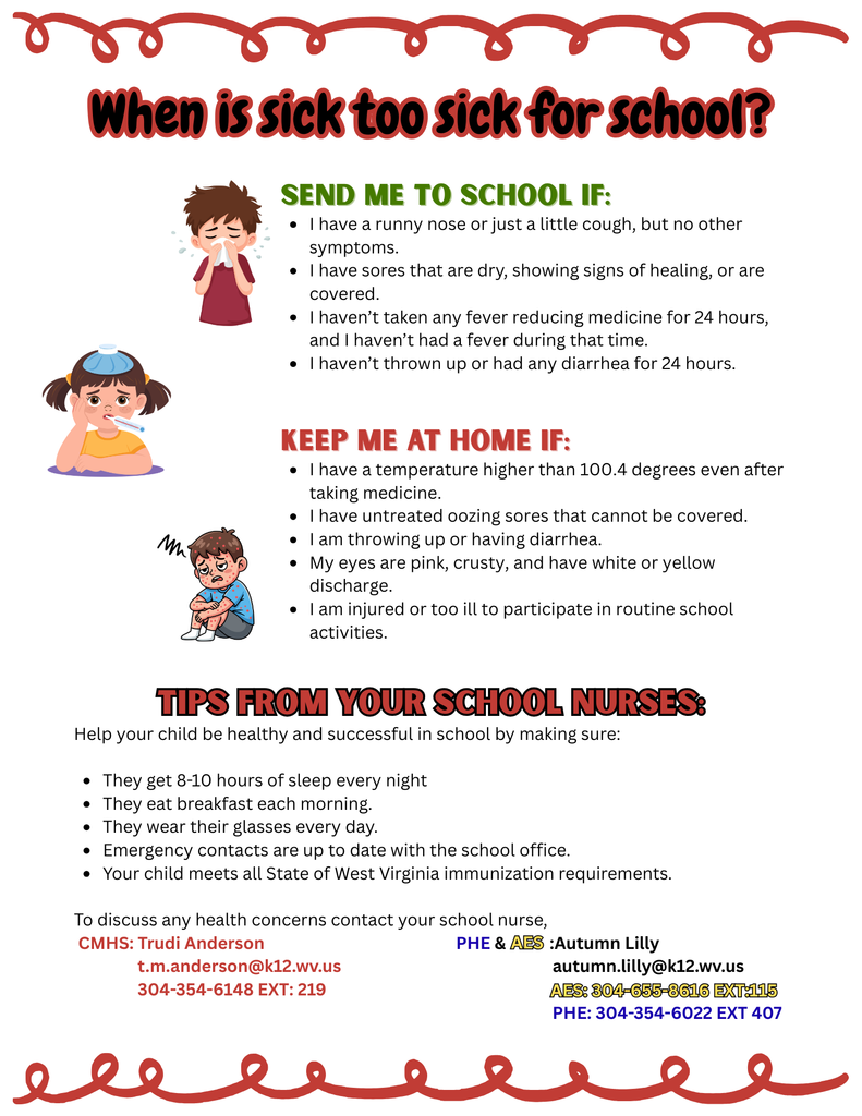 A school health poster titled “When is sick too sick for school?” It lists symptoms that indicate when a student may attend school and when they should stay home, along with wellness tips from school nurses and school nurse contact information.