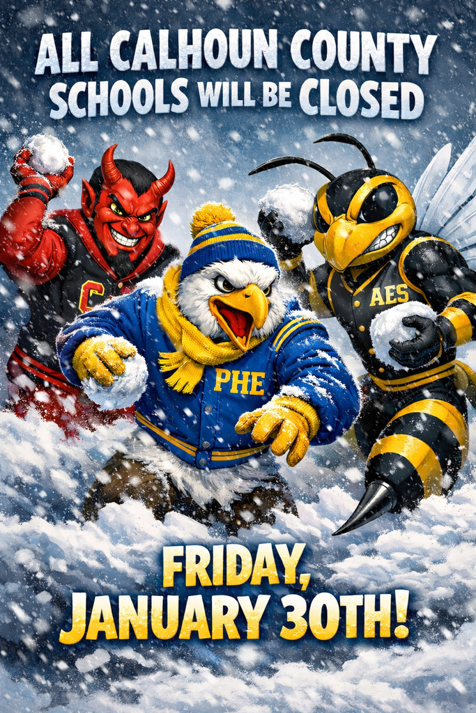 Graphic announcing a school closure, showing three school mascots running through falling snow in a winter scene. Large text at the top reads, “All Calhoun County Schools Will Be Closed,” and bold text at the bottom says, “Friday, January 30th!” The mascots wear school colors and winter clothing as snow swirls around them.