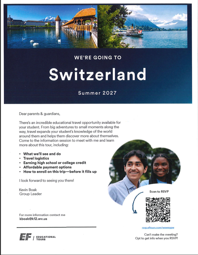 Flyer announcing a student educational tour to Switzerland in Summer 2027. The flyer invites parents and guardians to an information session with group leader Kevin Boak to learn about destinations, activities, travel logistics, earning high school or college credit, affordable payment options, and enrollment details. It includes contact information for Kevin Boak and a QR code and website link to RSVP.