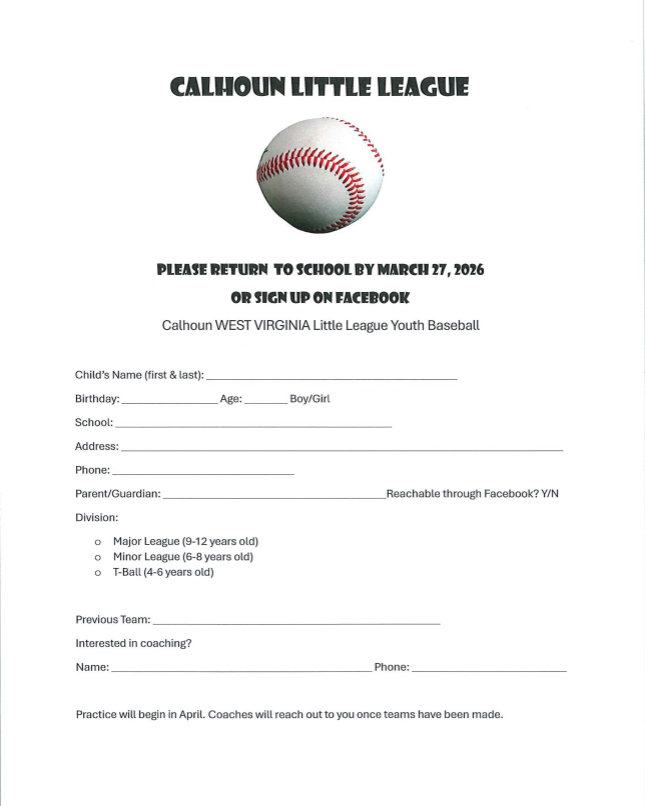 Sign up sheet for baseball