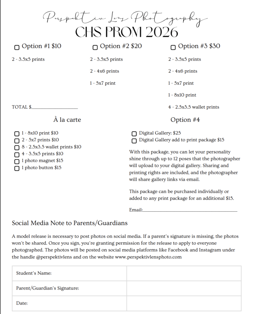 Order form for Perspektiv Lens Photography that is taking the photos for Calhoun County High School