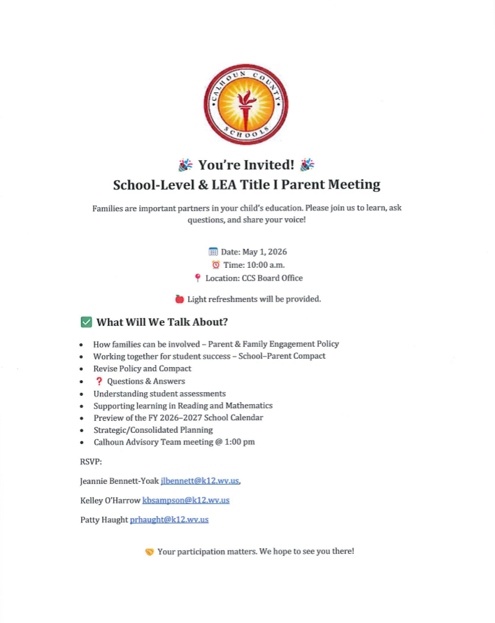 Flyer from Calhoun County Schools inviting families to a School-Level and LEA Title I Parent Meeting on May 1, 2026, at 10:00 a.m. at the CCS Board Office. Topics include parent engagement, school–parent compact, student assessments, academic support, school calendar preview, and strategic planning. Light refreshments will be provided. Contact information for RSVP is listed at the bottom.