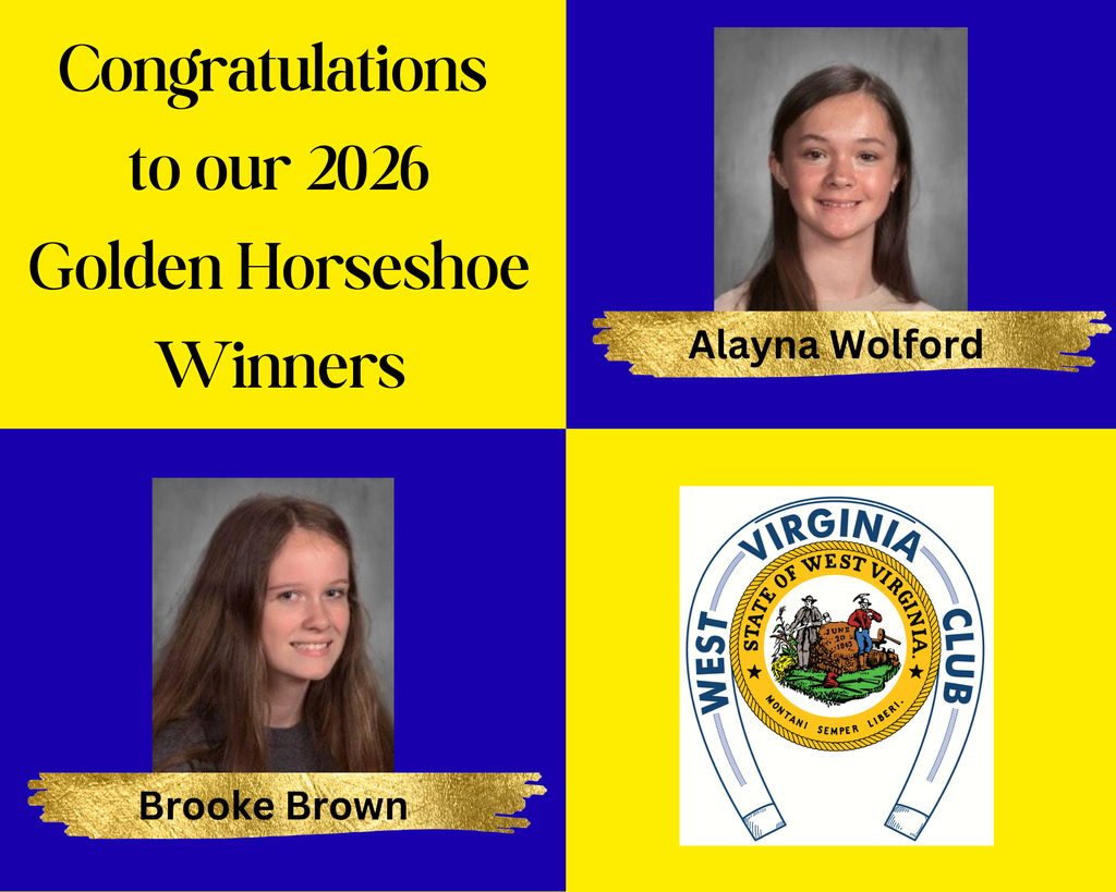 A graphic announcing Calhoun County’s 2026 Golden Horseshoe winners. The top section reads “Congratulations to our 2026 Golden Horseshoe Winners.” Two student portraits are shown: Alayna Wolford on the upper right and Brooke Brown on the lower left, each labeled with their names on gold banners. The bottom right features the West Virginia Golden Horseshoe emblem with a horseshoe outline and the state seal.