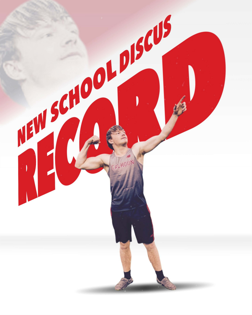 A graphic celebrating a new school discus record. A Calhoun High School athlete wearing a sleeveless tank top and shorts.