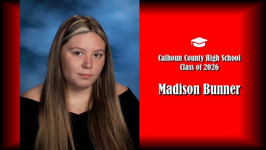 A formal senior portrait layout featuring a student with long straight hair and a light streak at the front, wearing a black off-the-shoulder top, posed against a blue studio background on the left. The right side shows a bright red panel with a graduation cap icon and white text that reads “Calhoun County High School Class of 2026” and the name “Madison Bunner” in large bold letters.