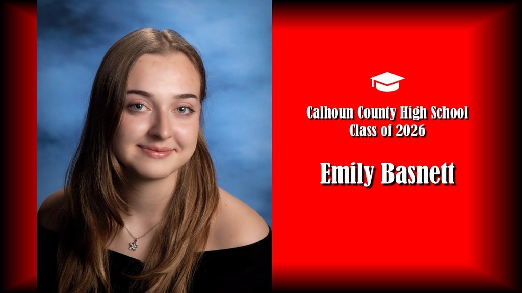 A formal senior portrait layout featuring a student wearing a black off-the-shoulder top and a small necklace, photographed against a blue studio background on the left. The right side shows a bright red panel with a graduation cap icon and white text that reads “Calhoun County High School Class of 2026” and the name “Emily Basnett” in large bold letters.
