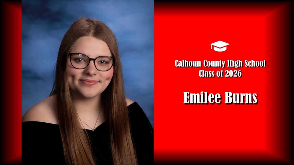 A formal senior portrait layout featuring a student with long straight hair wearing glasses and a black off-the-shoulder top, photographed against a blue studio background on the left. The right side displays a bright red panel with a graduation cap icon and white text that reads “Calhoun County High School Class of 2026” and the name “Emilee Burns” in large bold letters.