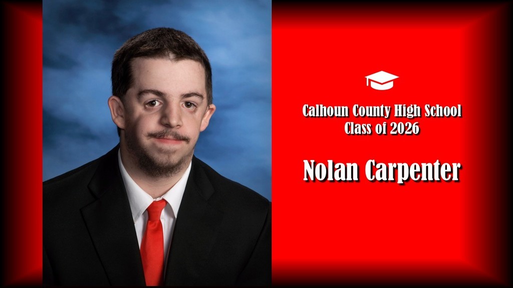 A formal senior portrait layout showing a student wearing a black suit jacket, white shirt, and red tie, posed against a blue studio background on the left. The right side features a bright red panel with a graduation cap icon and white text that reads “Calhoun County High School Class of 2026” and the name “Nolan Carpenter” in large bold letters.