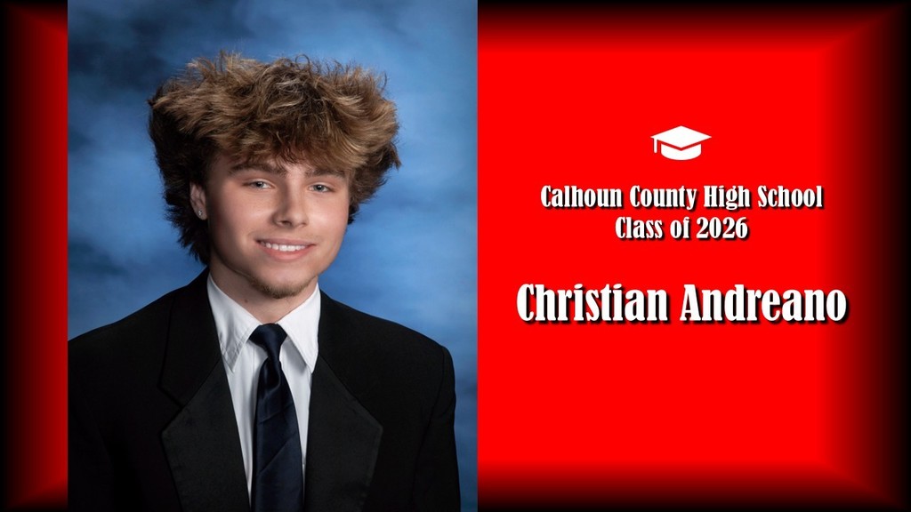 A formal senior portrait layout featuring a student in a black suit jacket, white shirt, and dark tie against a blue studio background on the left. The right side has a bright red panel with a graduation cap icon and white text that reads “Calhoun County High School Class of 2026” and the name “Christian Andreano” in large bold letters.