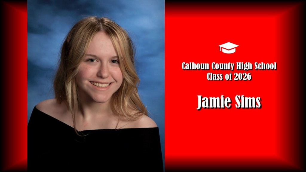 A formal senior portrait layout featuring a student with shoulder-length light blonde hair, wearing a black off-the-shoulder top, posed against a blue studio background on the left. The right side displays a bright red panel with a graduation cap icon and white text that reads “Calhoun County High School Class of 2026” and the name “Jamie Sims” in large bold letters.