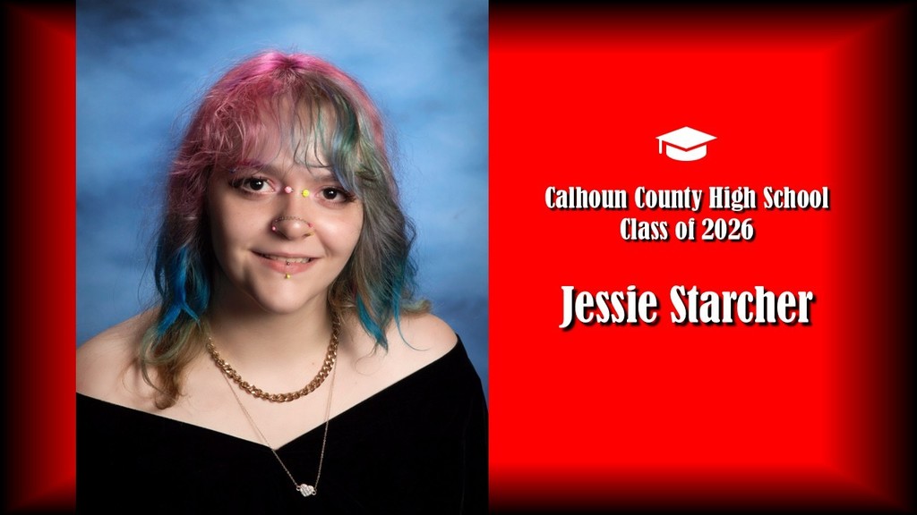 A formal senior portrait layout featuring a student with multicolored hair in shades of pink, blue, and green, wearing a black off-the-shoulder top and layered necklaces, posed against a blue studio background on the left. The right side displays a bright red panel with a graduation cap icon and white text reading “Calhoun County High School Class of 2026” and the name “Jessie Starcher” in large bold letters.