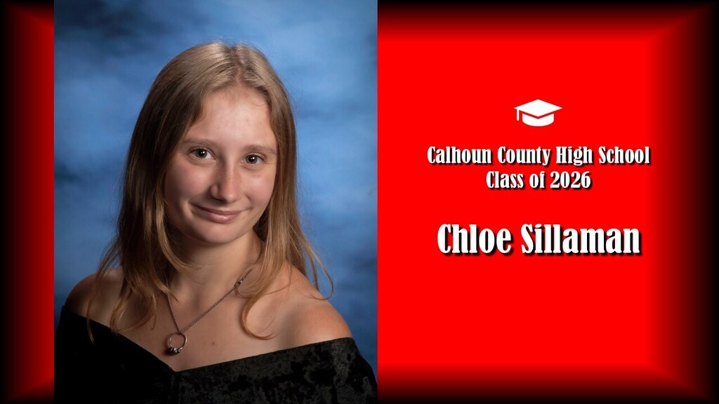 Student wearing black drape with blonde hair and red background. States it's the class of 2026 from Calhoun County High School. Student name is "Chloe Sillaman""