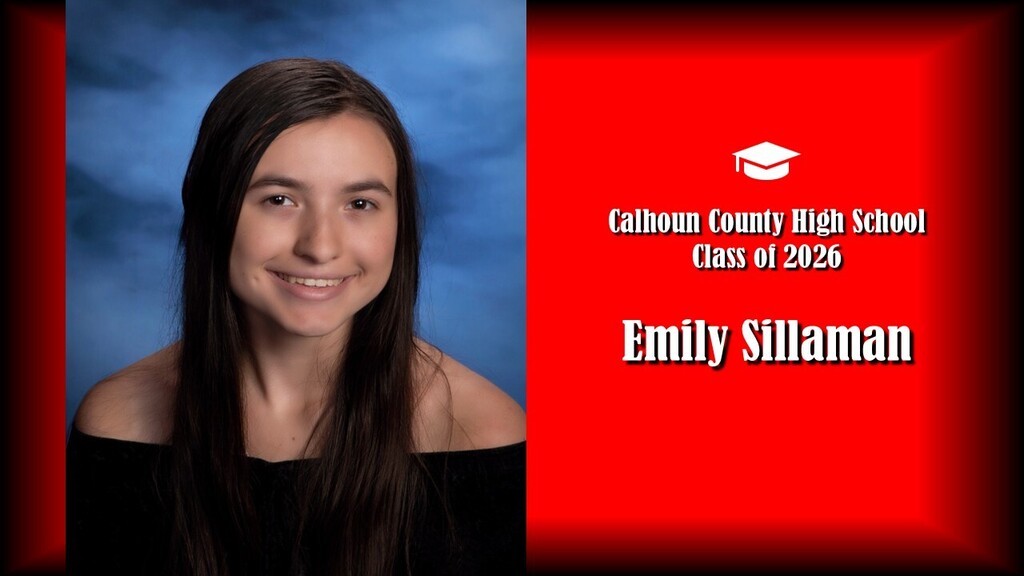 Student wearing black drape with black hair and red background. States it's the class of 2026 from Calhoun County High School. Student name is "Emily Sillaman""