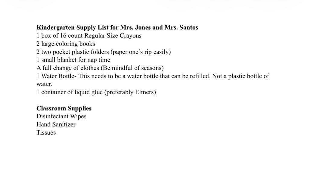 Kindergarten Supply List