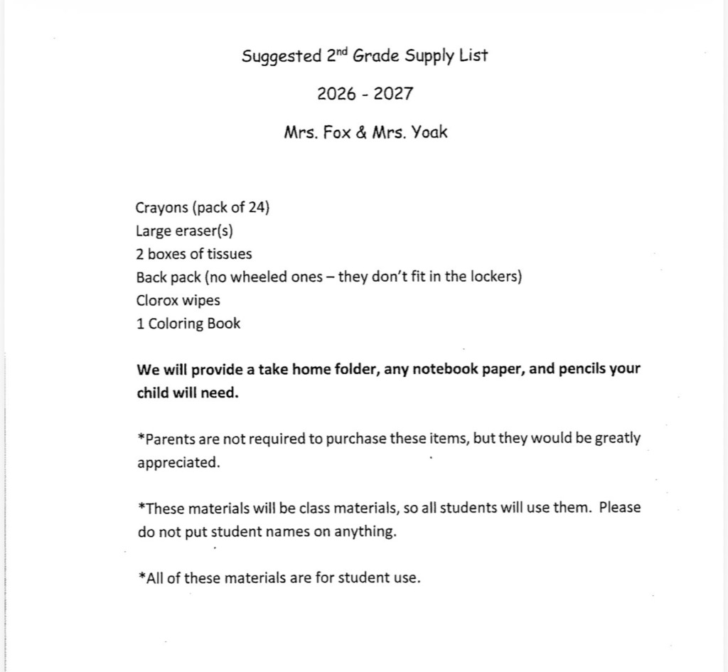 2nd Grade Supply List