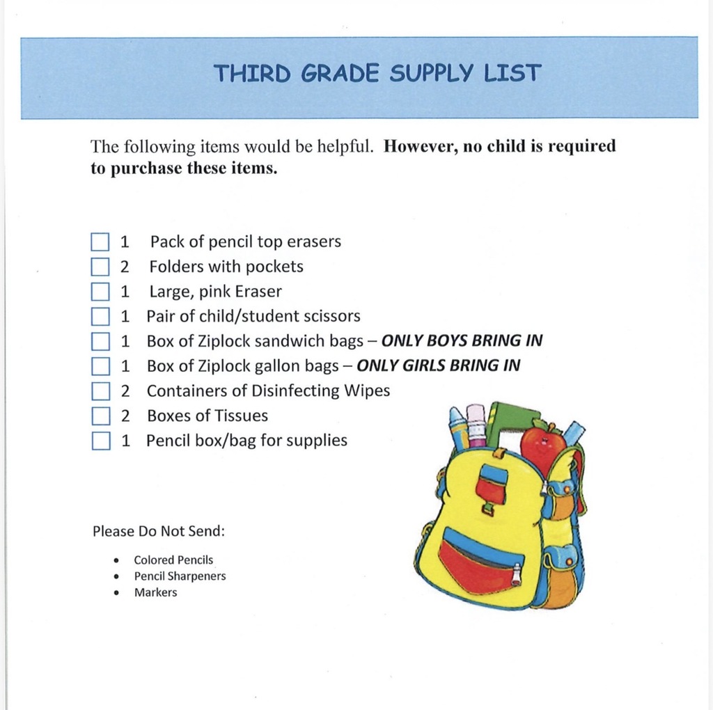 3rd Grade Supply List