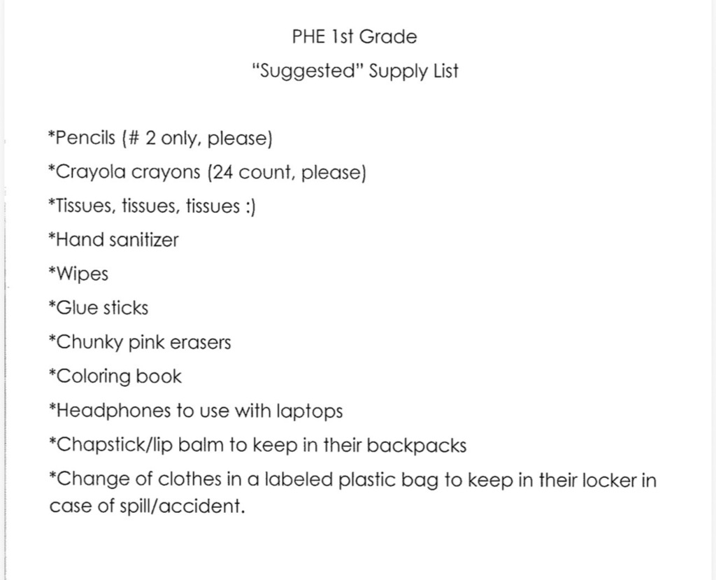 1st Grade Supply List