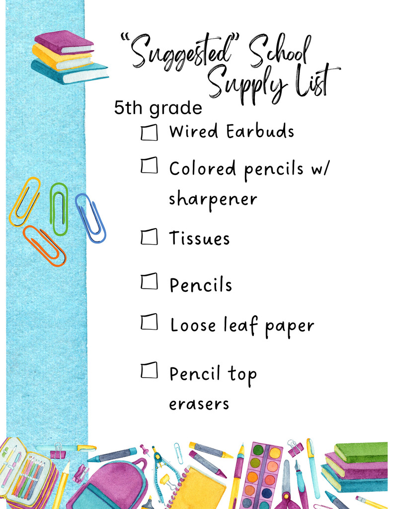 Suggested School Supply List for 5th Grade