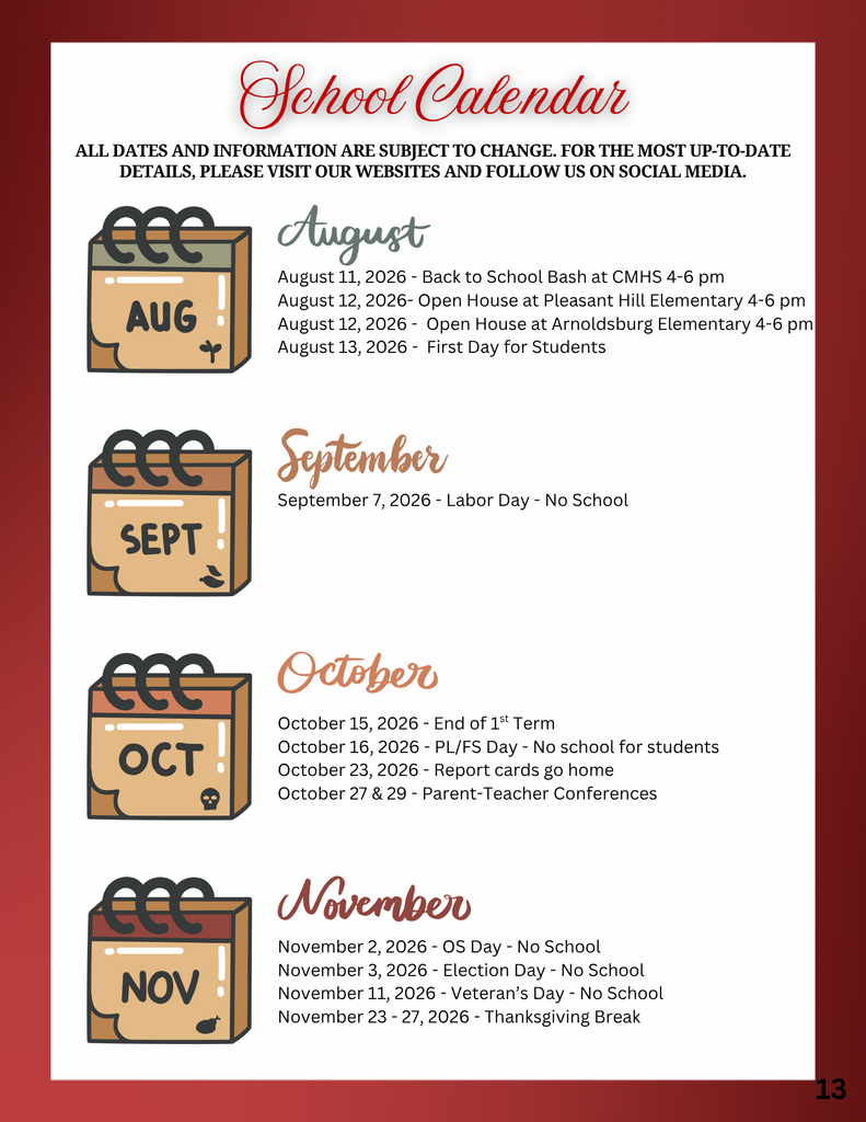 School calendar graphic listing important dates for the 2026-2027 school year, including holidays, breaks, report card dates, parent-teacher conferences, graduation, and the last day of school.