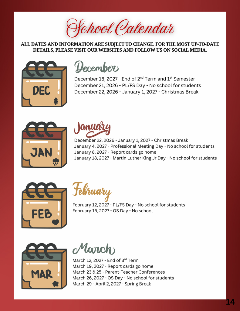 School calendar graphic listing important dates for the 2026-2027 school year, including holidays, breaks, report card dates, parent-teacher conferences, graduation, and the last day of school.
