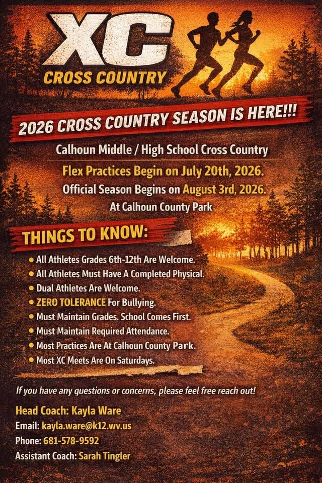Promotional flyer for the 2026 Calhoun Middle/High School Cross Country season.