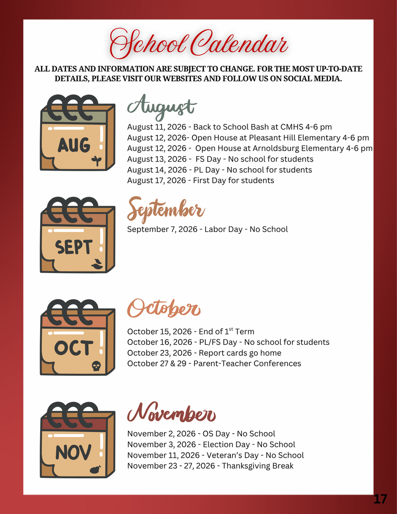 School calendar graphic listing important dates for the 2026-2027 school year, including holidays, breaks, report card dates, parent-teacher conferences, graduation, and the last day of school.