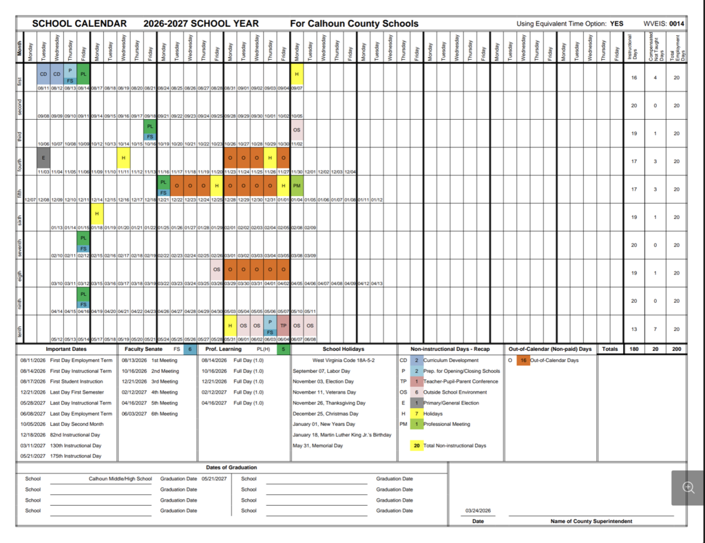 School calendar graphic listing important dates for the 2026-2027 school year, including holidays, breaks, report card dates, parent-teacher conferences, graduation, and the last day of school.
